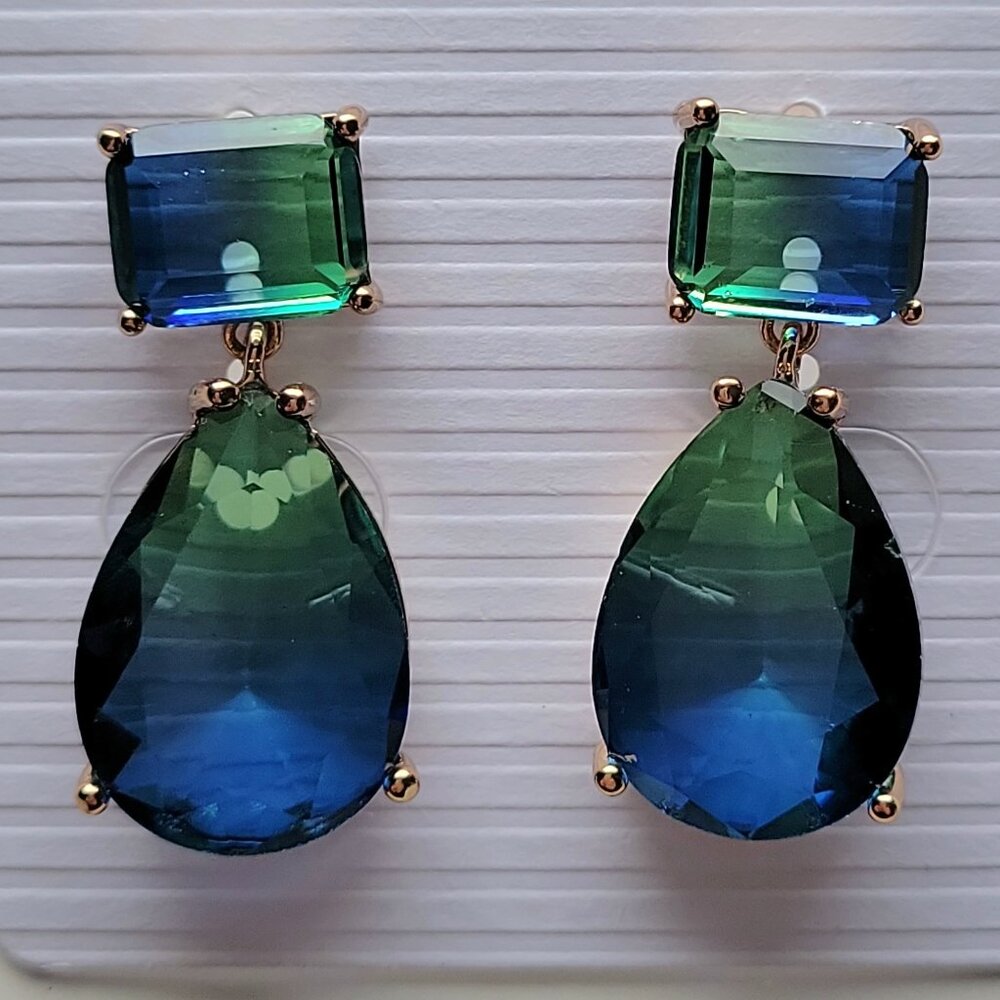 Green Blue Gradient Crystal Waterdrop Dangle Earrings Elegant Statement Jewelry - Picture 4 of 11